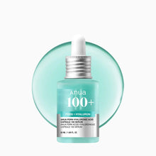 Skincare serum bottle with dropper labeled 'Anua 100+' on a light green background