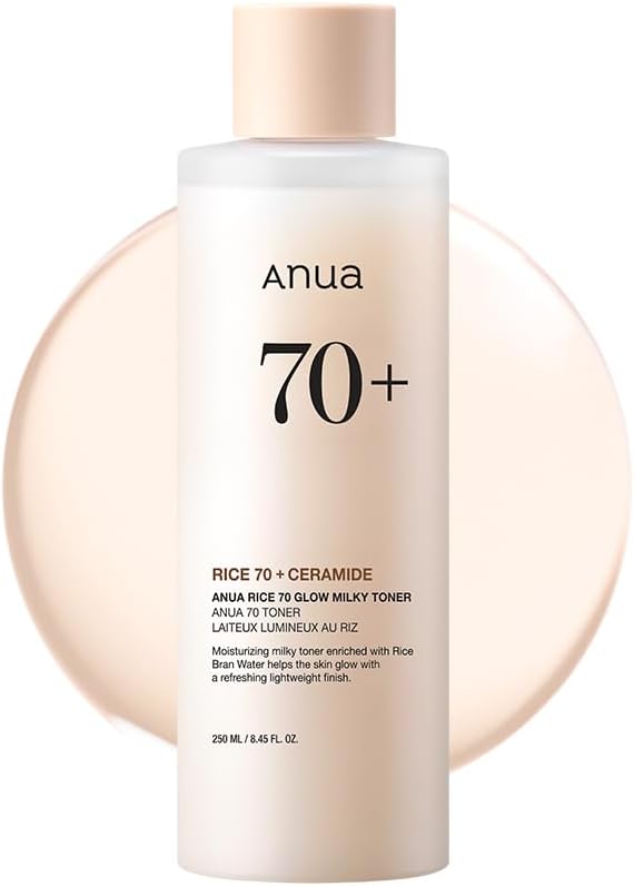 Anua 70+ Rice Glow Milky Toner bottle on a white background