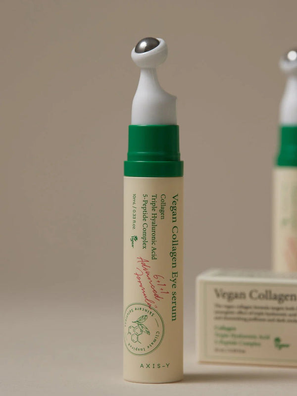 Vegan collagen eye serum with a green and white design on a beige background