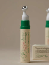 Vegan collagen eye serum with a green and white design on a beige background