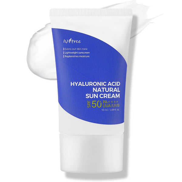 Hyaluronic Acid Natural Sun Cream SPF 50 with blue and white packaging on a white background