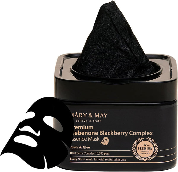 Black sheet mask with 'Mary & May' packaging on a white background