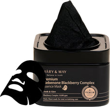 Black sheet mask with 'Mary & May' packaging on a white background
