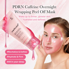 Woman applying a pink PDRN Caffeine Overnight Wrapping Peel Off Mask to her face with product packaging displayed.