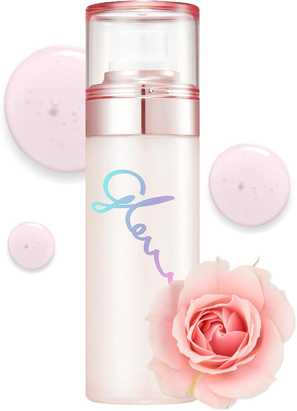 Skincare bottle with pink rose and 'Glow' logo on a white background