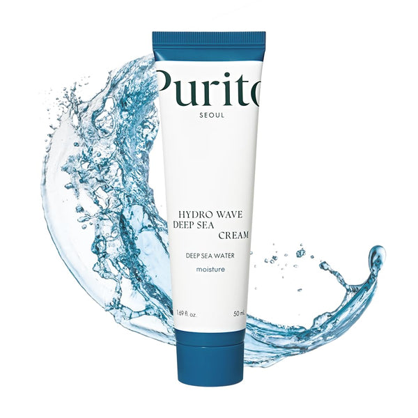 Purito Hydro Wave Deep Sea Cream tube with water splash on a white background