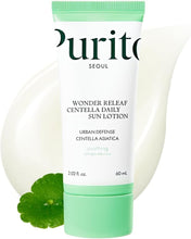 Purito Wonder Releaf Centella Daily Sun Lotion with green cap and label on a white background