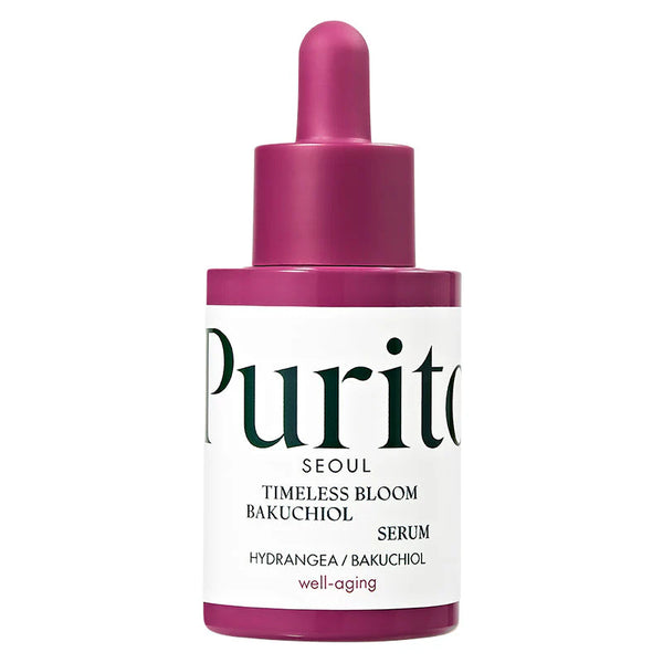 Purito skincare serum bottle with pink cap on a white background