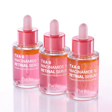 Three bottles of Purito TXA 6 Niacinamide 10 Retinal Serum on a white background