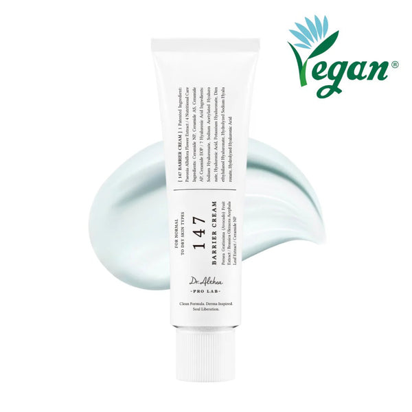 Tube of Dr Althea 147 Barrier Cream with a swatch of cream on a white background, featuring the Vegan logo.