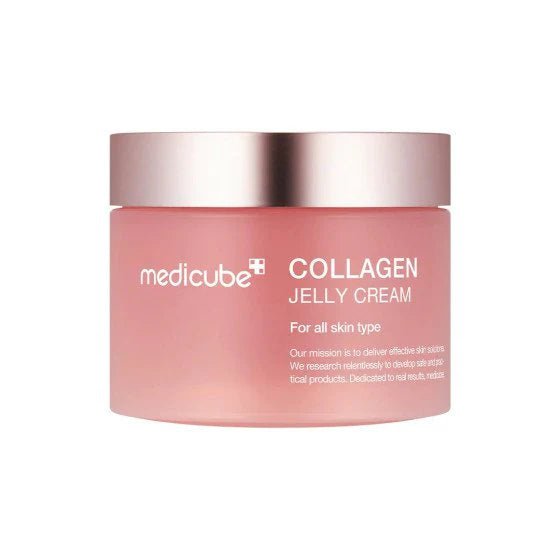 Pink jar of Medicube Collagen Jelly Cream on a white background