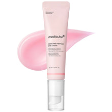 Pink eye cream tube with pink cream swatch on a white background