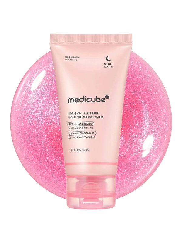 Medicube Pore Pink Caffeine Night Wrapping Mask on a pink glittery background