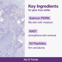 Advertisement for a toner with key ingredients listed on a purple background