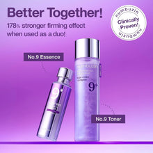 Two skincare bottles, No. 9 Essence and No. 9 Toner, on a purple background with Numbuzin branding.